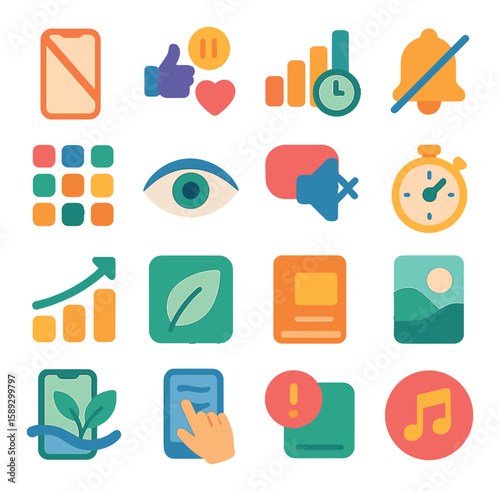 Digital self care icon collection. simple self care, wellness, timer, leaf, eye, notification icons.