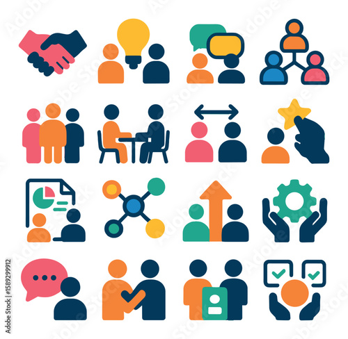 Peer support icon collection: simple silhouette people, teamwork, chat, handshake, meeting