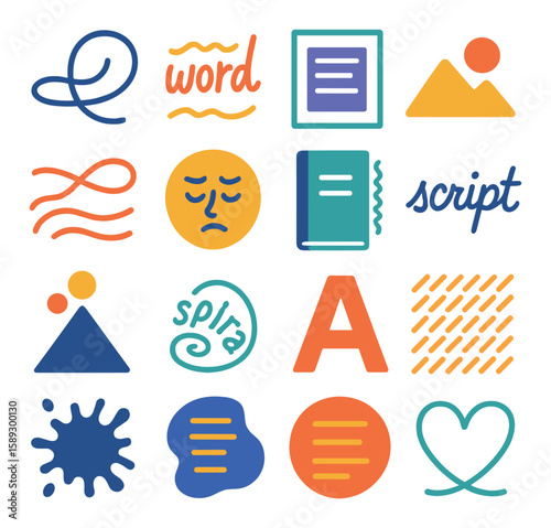 Visual poetry icon collection. simple compose style. word, script, book, letter, heart