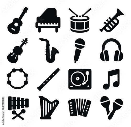 Silhouette instrument icon collection: simple music symbols – guitar, piano, drums, saxophone