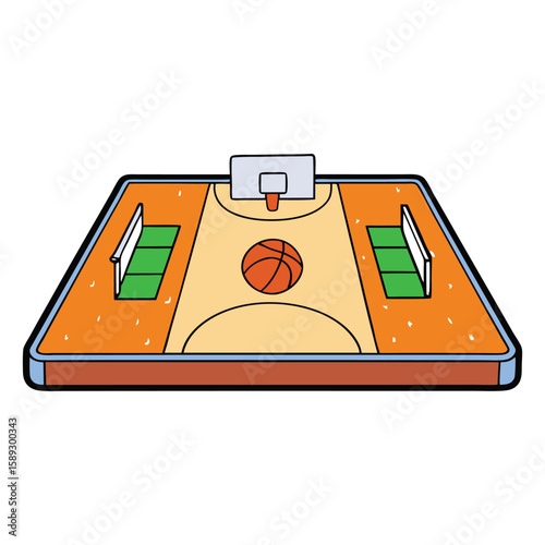 A basketball court with clear markings, hoops at each end, and a smooth wooden floor, ready for fast-paced games and exciting slam dunks.
