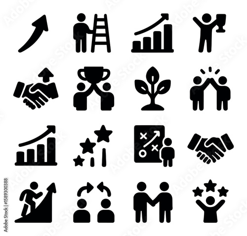 Growth and teamwork icon collection. business success supervision guidance silhouette