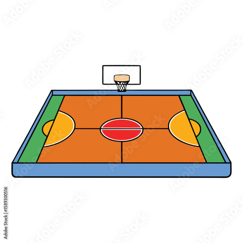 A basketball court with clear markings, hoops at each end, and a smooth wooden floor, ready for fast-paced games and exciting slam dunks.
