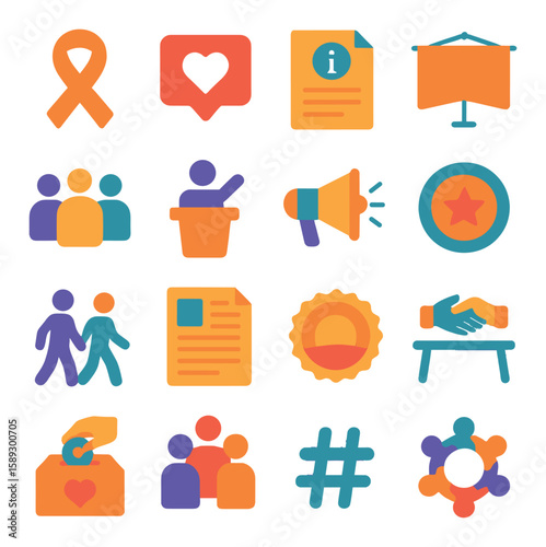 Advocacy icon collection. advocacy, awareness, community, ribbon, vote, meeting silhouette