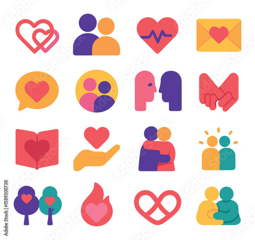 Love connection icon collection. simple flat romance icons: heart, couple, hug, kiss, gift, letter, embrace,