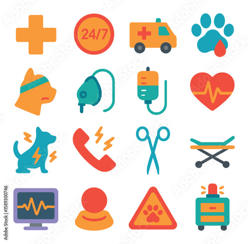 Veterinary emergency icon collection. simple paw, ambulance, heartbeat, stretcher, pet, heart, call,