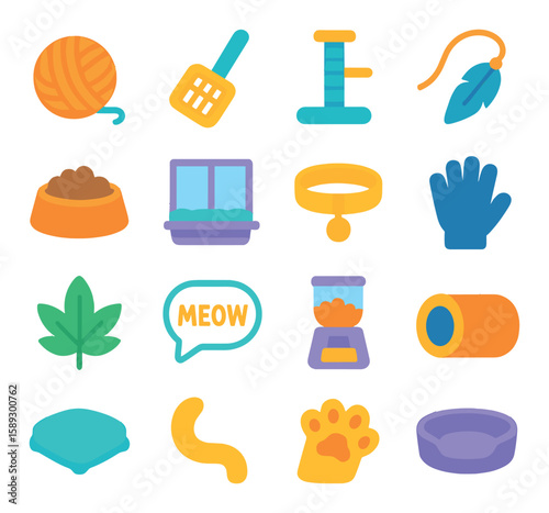 Cat care icon collection: simple cat, feeder, collar, litter, toy, paw, bed, meow