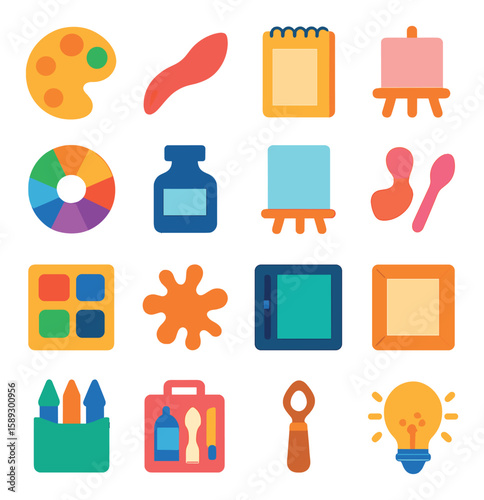 Colorful art icon collection. simple flat icons of palette, brush, canvas, easel, paint, lightbulb, more