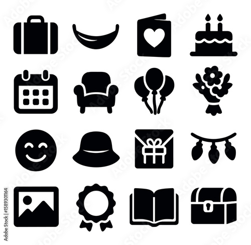 Retirement celebration icon collection: simple silhouette icons. cake, gift, balloons, calendar, flowers
