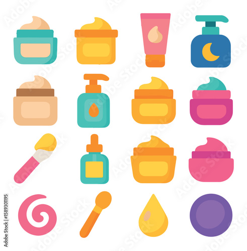 Cosmetic creams icon collection. skincare products simple flat icons: cream, lotion, tube, drop, jar