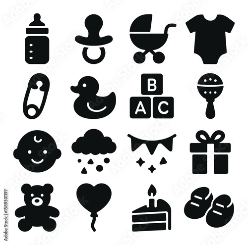 Baby shower icon collection. celebration silhouette icons: bottle, pacifier, stroller, onesie,