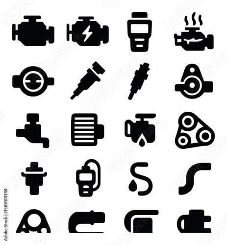 Engine diagnostics icon collection. automotive silhouette symbols: engine, sensor, exhaust, filter, pump,
