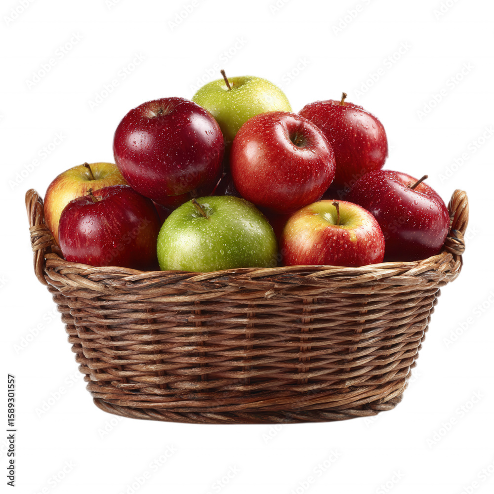 Fresh Red and Green Apples in Wicker Basket on transparent background Fresh Red and Green Apples in Wicker Basket on transparent background