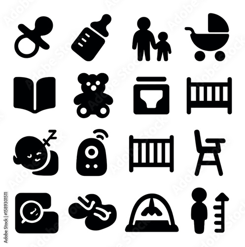 Childcare icon collection: baby, bottle, family, stroller, bed, simple silhouette