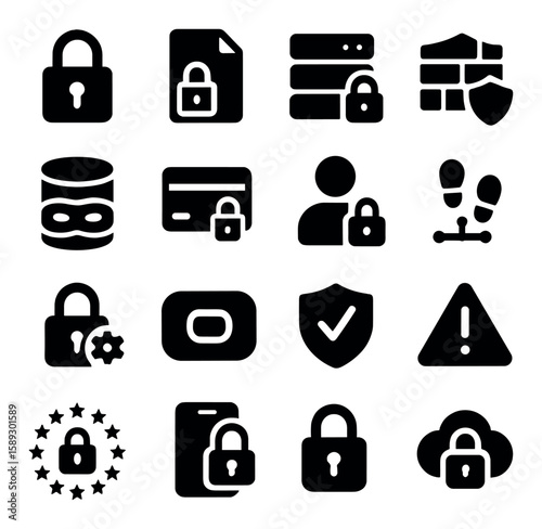 Data security icon collection. simple silhouette set: lock, shield, firewall, cloud, privacy, encryption