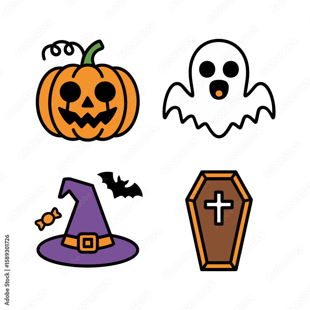 Vector art of halloween icons featuring a pumpkin, ghost, witch hat, and coffin isolated on white background Vector art of halloween icons featuring a pumpkin, ghost, witch hat, and coffin isolated on white background