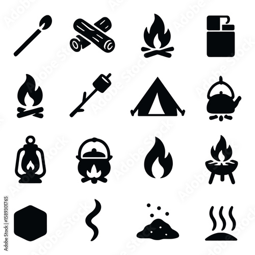 Camping icon collection: adventure silhouette set. match, firewood, tent, grill, flame