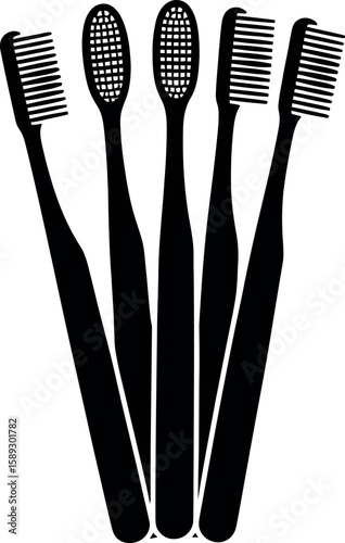 Five black toothbrushes arranged in a fan shape on white background dental hygiene oral care 2