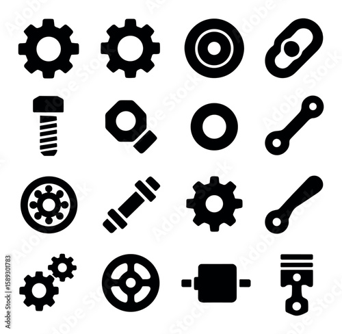 Mechanical parts icon collection. simple style gears, bolts, pistons, chains, cogs, bearings