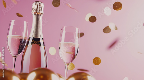 Celebration time: Champagne bottle and flutes with confetti for festive occasions