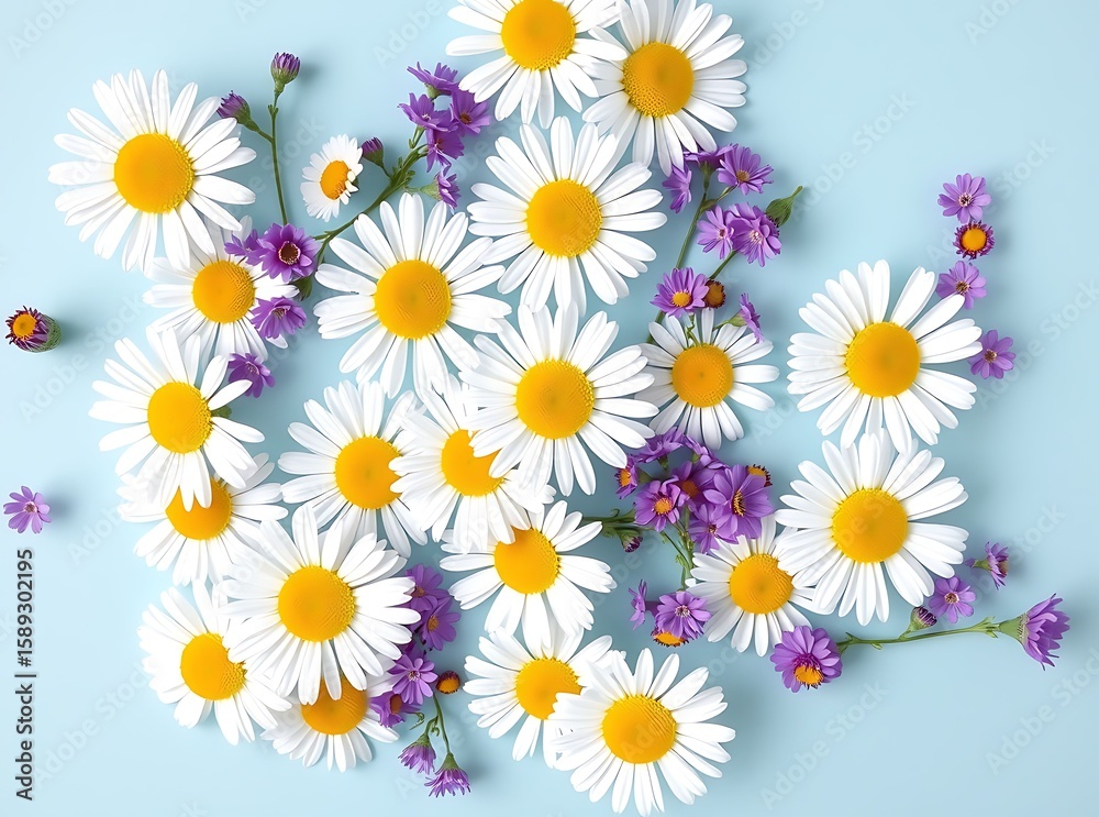 Obraz premium Floral Flourish: A captivating assortment of daisies and delicate purple blossoms gracefully arranged, creating a harmonious display of nature's elegance against a vibrant backdrop.