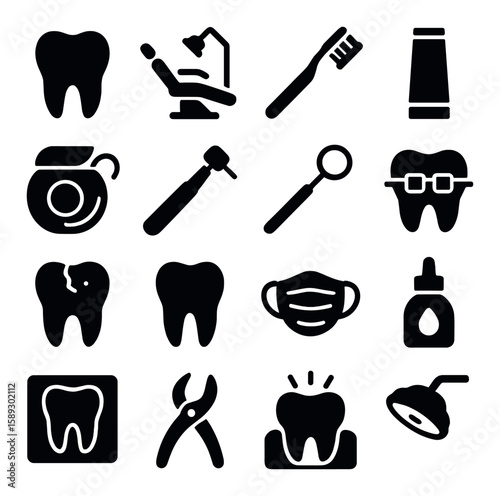 Dental icon collection. simple tooth care silhouette icons. tooth, brush, dentist, floss, mask