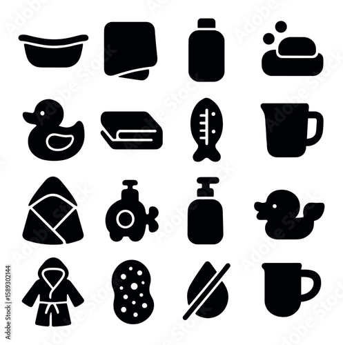 Bath time icon collection: bathroom essentials simple silhouette duck, towel, soap