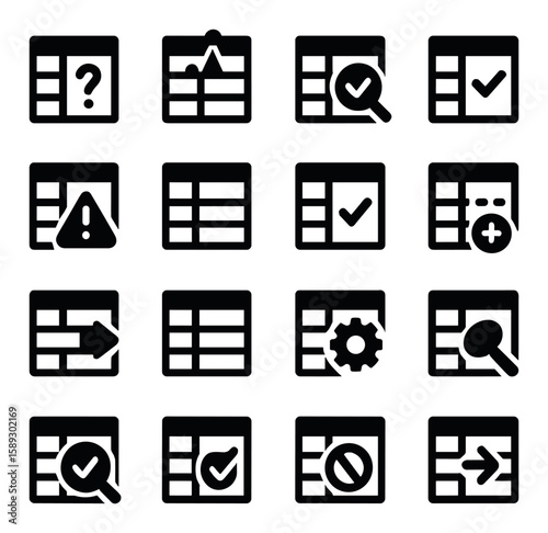 Data cleaning icon collection. simple linear style icons: filter, validate, error, check, gear