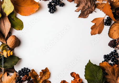 Autumn Leaves and Fruits Arranged on a White Background for Seasonal Decorati...