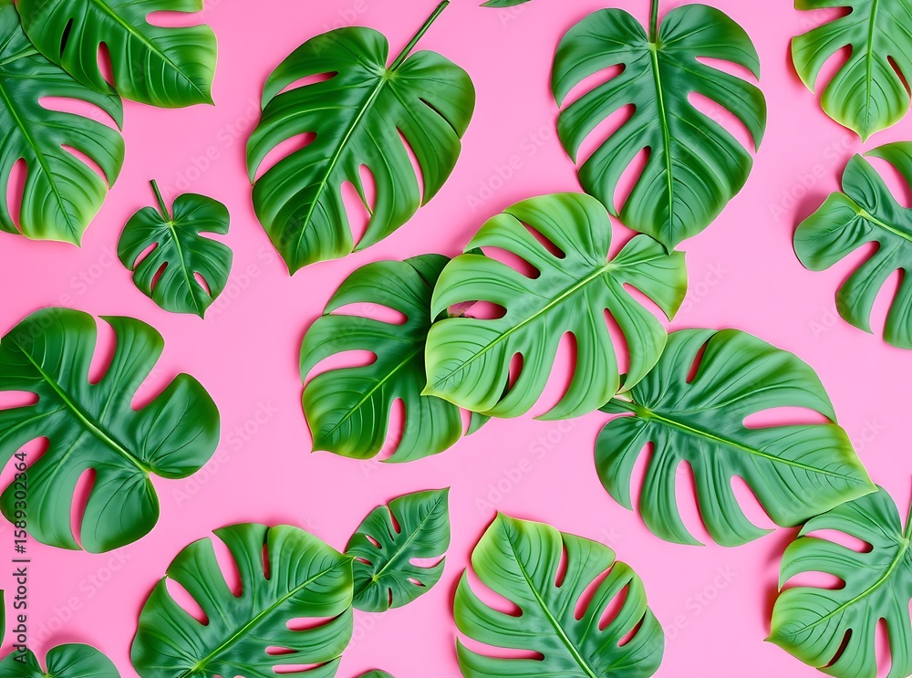 Naklejka premium Monstera Leaf Pattern on a Pink Canvas: An overhead composition of Monstera leaves, a tropical flora arranged on a vibrant pink, creating a playful, eye-catching, and organic pattern.