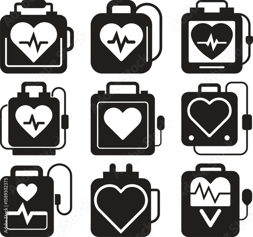 Collection of Black and White AED Device Icons