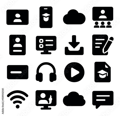Learning icon collection. education and technology silhouette: cloud, wifi, headphones