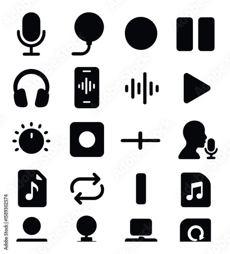 Audio tools icon collection. simple silhouette microphone, headphones, speaker, music, record, sound, play, pause, audio