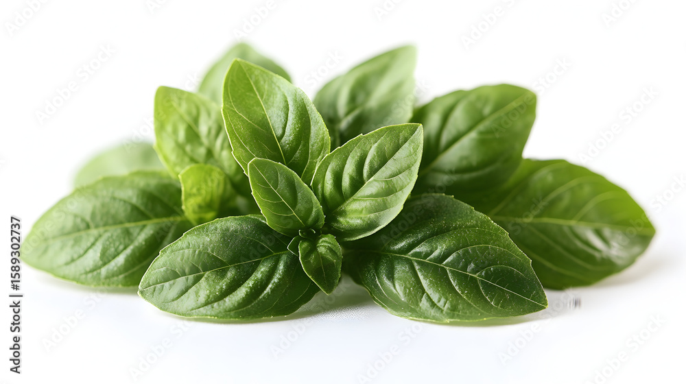 Fresh basil leaves close-up on white background for culinary herb and food photography Fresh basil leaves close-up on white background for culinary herb and food photography