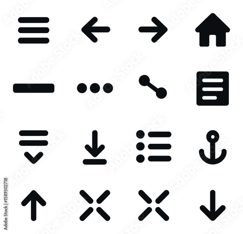 Ui icon collection: simple silhouette icons for interface - menu, arrow, home, anchor