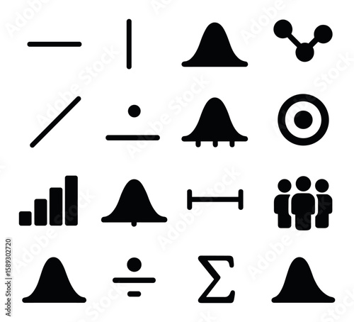 Statistical icon collection. data analysis silhouette charts. graph, bell curve, sigma, people