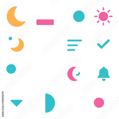 Dark mode ui icon collection. simple compose flat icons: moon, sun, bell, check, brightness, circle