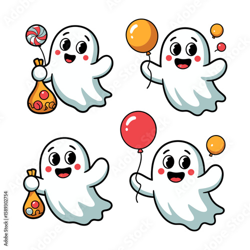 Vector art of a collection of charming cartoon ghosts isolated on white background with candy and balloons, ready for halloween