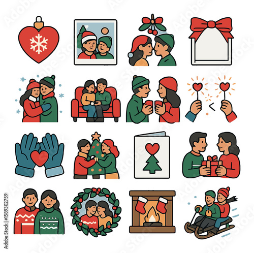 Holiday love icon collection. festive simple icons: heart, couple, gift, fireplace, wreath