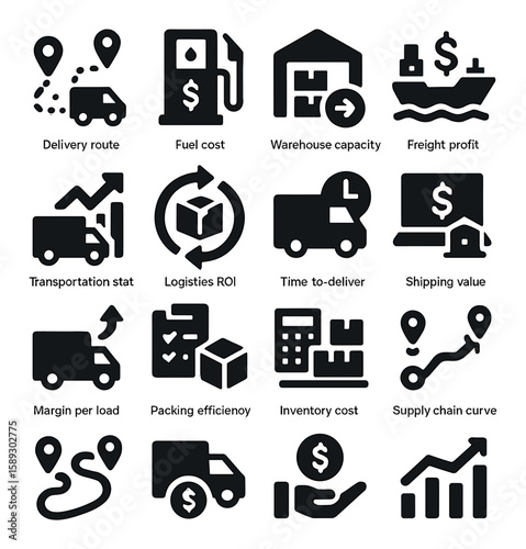 Logistics efficiency icon collection. freight, delivery, warehouse, supply chain flat