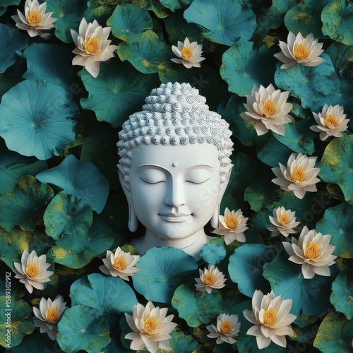 Buddha Statue Surrounded by Lotus Flowers and Green Leaves in a Tranquil Sett...