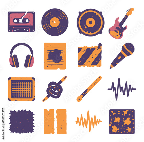Grunge music icon collection. simple grunge style linear icons: guitar, microphone, speaker, headphones