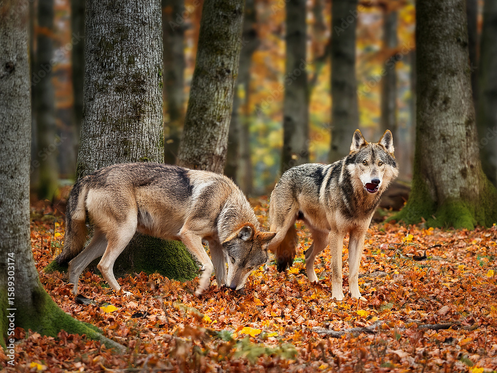 Obraz premium Autumn Leaves Surround Gray Wolves in Serene Woodland Scene Wolves in Forest with Orange and Yellow Leaves Covering the Ground