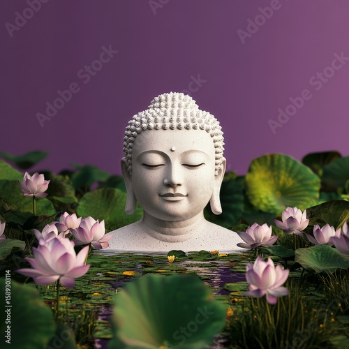 Serene Buddha Statue Surrounded by Lotus Flowers in Tranquil Water Setting at...