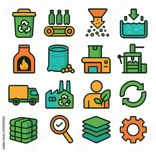Recycling process icon collection. simple, linear style. bin, conveyor, fire, plant, gear
