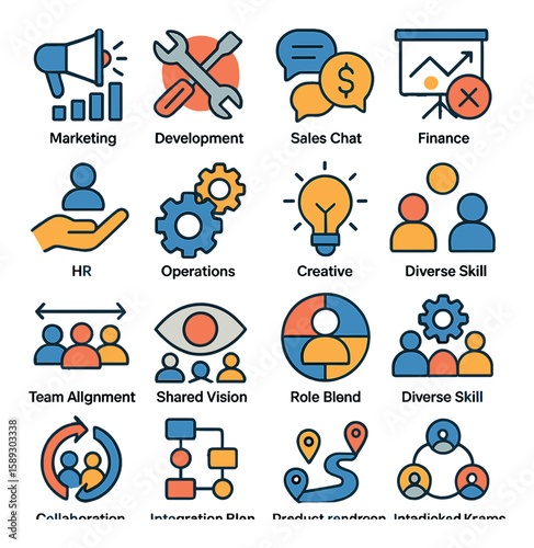 Cross-functional team icon collection: simple flat style. marketing, hr, finance, creative, diverse skill