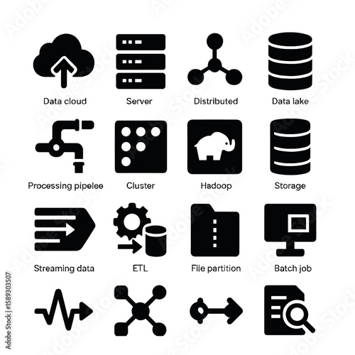 Big data icon collection. cloud, server, distributed, data lake silhouette, hadoop, etl icons.