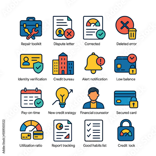 Credit repair icon collection: simple flat icons for repair toolkit, dispute, report, lock, and more