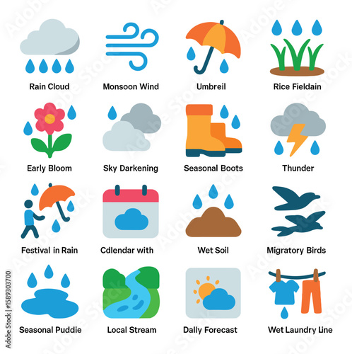 Rainy season icon collection. simple monsoon, umbrella, cloud, boots, calendar, thunder, wind, flower, birds