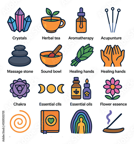 Holistic healing icon collection: crystals, aromatherapy, chakra, flat style